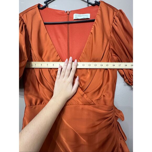NWOT Mac Duggal Short Wrap Puff Sleeve Burnt Orange Dress Style #26928 Size 8US - Picture 7 of 12